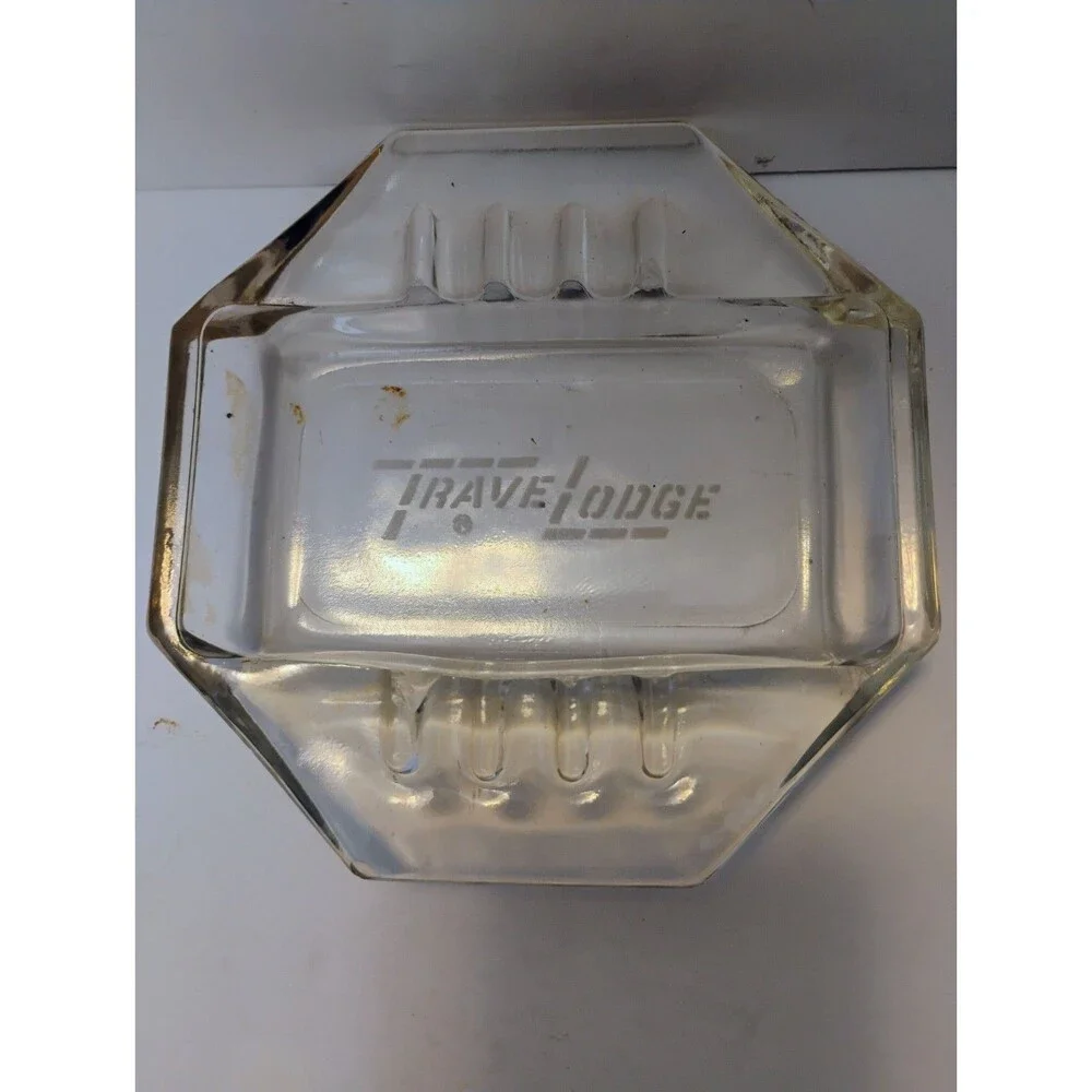 Vintage TraveLodge Clear Glass Octagon Advertising Ashtray Motel Hotel